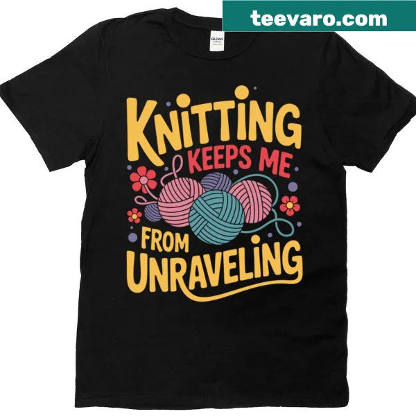 Humorous text about knitting on a craft-themed t-shirt