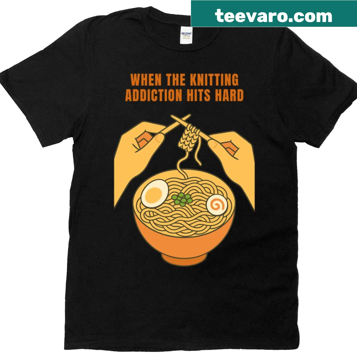 Cartoon T-shirt combining knitting and ramen themes — on a men's t-shirt