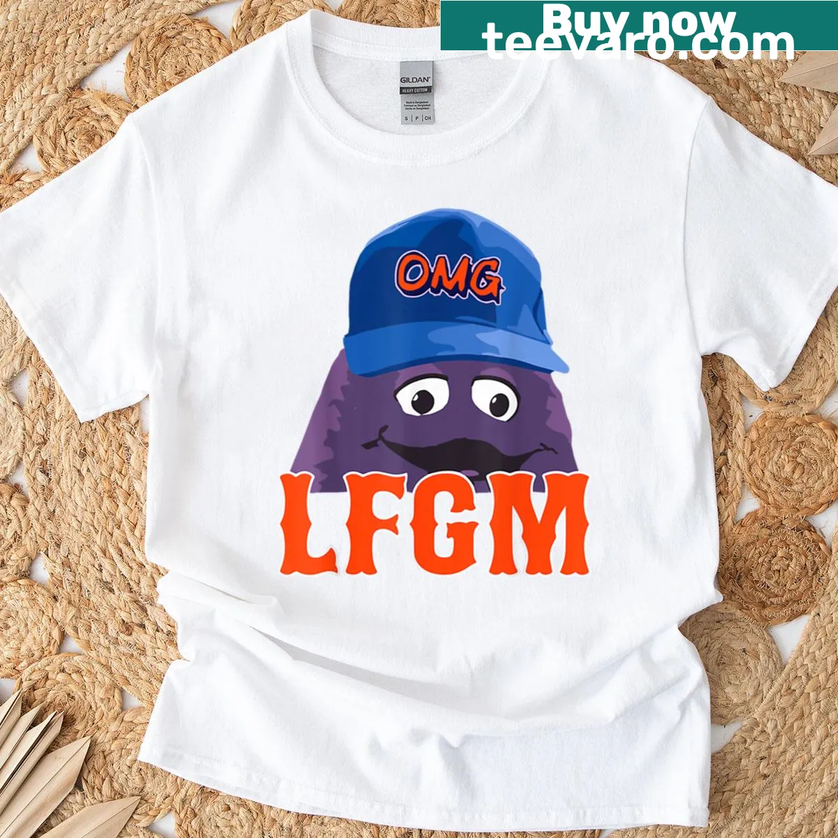 Playful graphic featuring 'Lfgm - Grimace Omg' phrase — on a men's t-shirt
