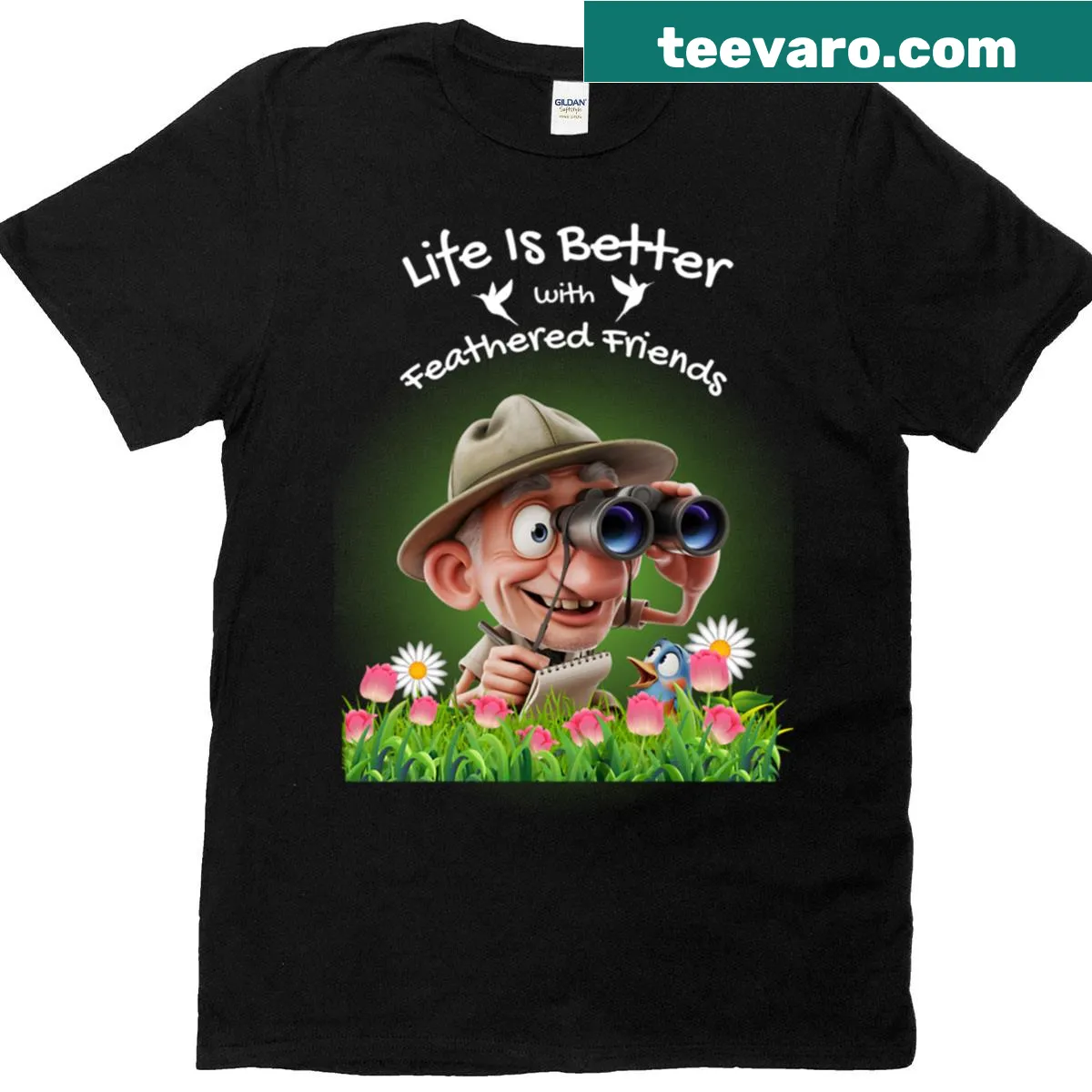 Wholesome birdwatching graphic with Life Is Better With Feathered Friends text — on a men's t-shirt