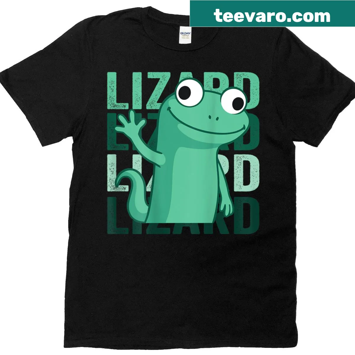 Funny meme T-shirt with 'Lizard Lizard Lizard' text on the back — on a men's t-shirt