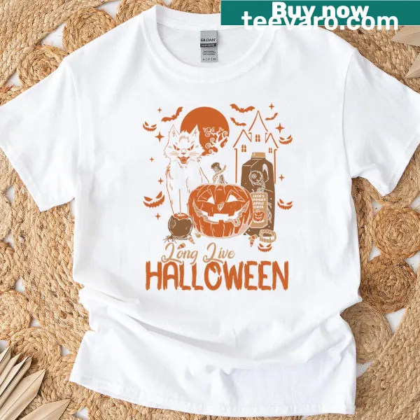 Funny Halloween T-shirt featuring a pumpkin and black cat graphic.