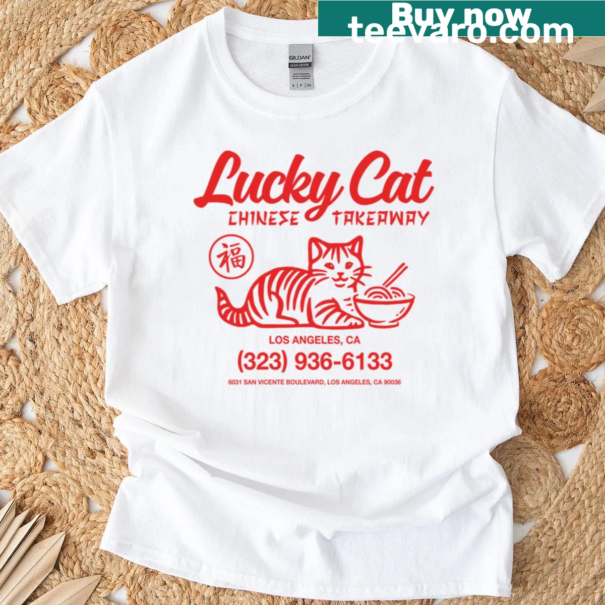 Cute lucky cat illustration with takeaway food graphic — on a men's t-shirt
