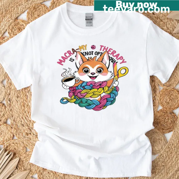 Macrame fox illustration on a crafting therapy t-shirt