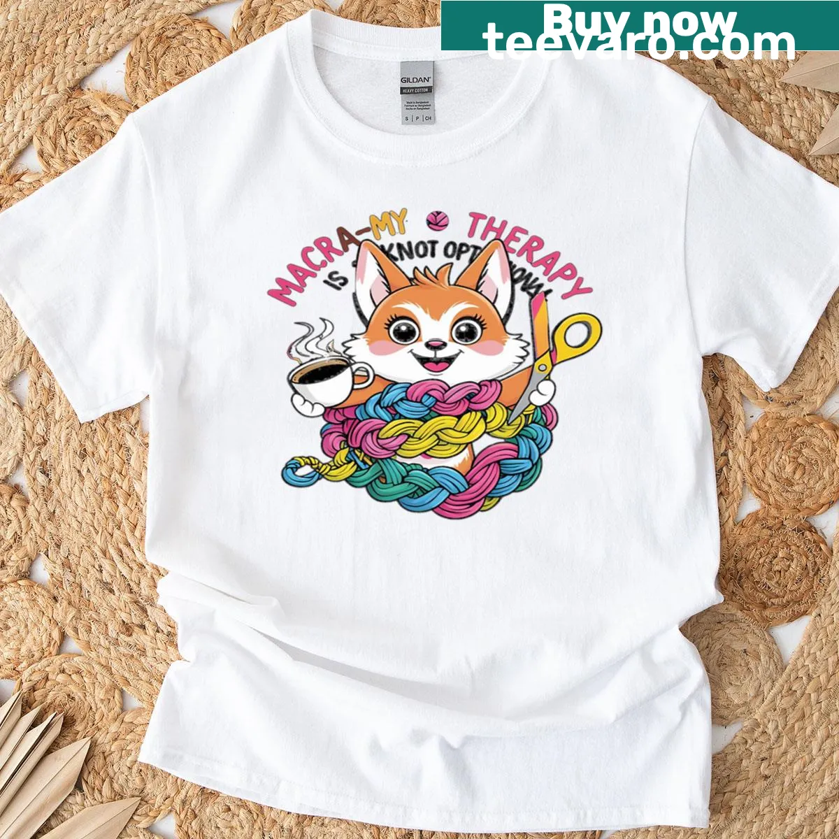 Macrame fox illustration on a crafting therapy t-shirt — on a men's t-shirt