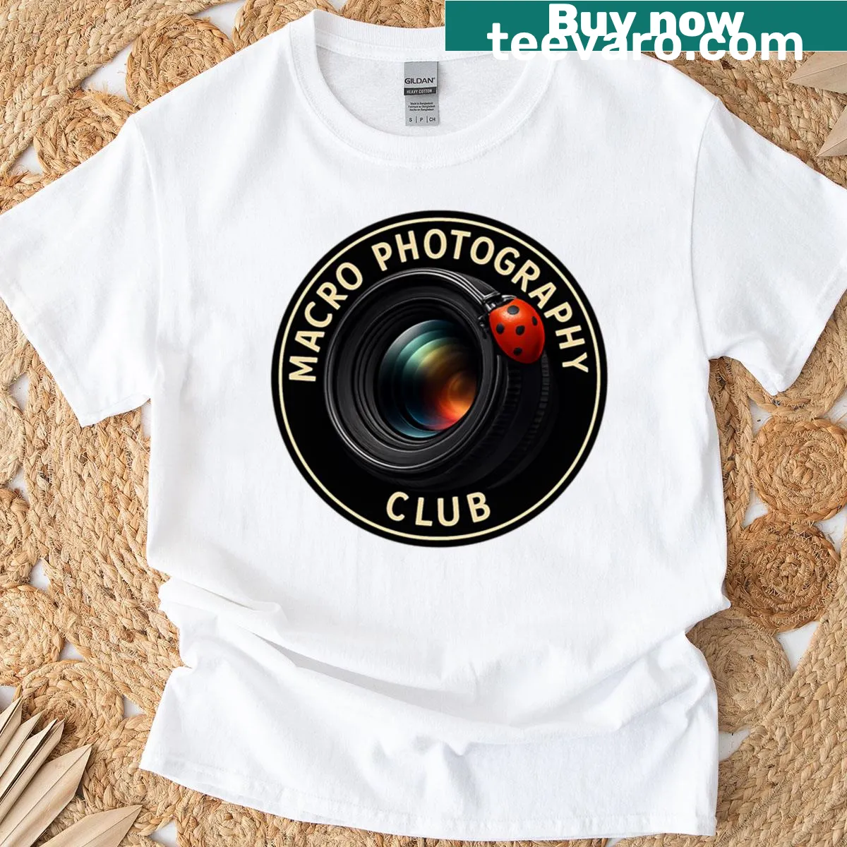Stylized badge emblem representing macro photography on a t-shirt. — on a men's t-shirt