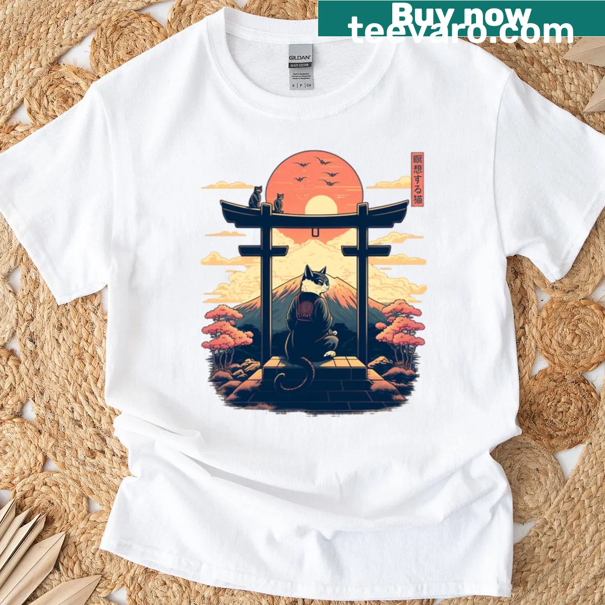 Meditating Cat T-shirt with a whimsical design of a cat in a meditation pose. — on a men's t-shirt