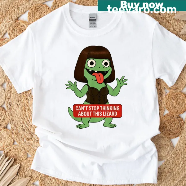 Illustrated lizard with a bob haircut on a humorous shirt