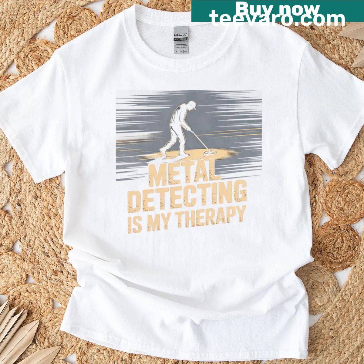 Treasure hunter design T-shirt featuring metal detector for hobbyists — on a men's t-shirt
