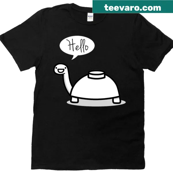 Cartoon turtle character with a funny greeting on a t-shirt