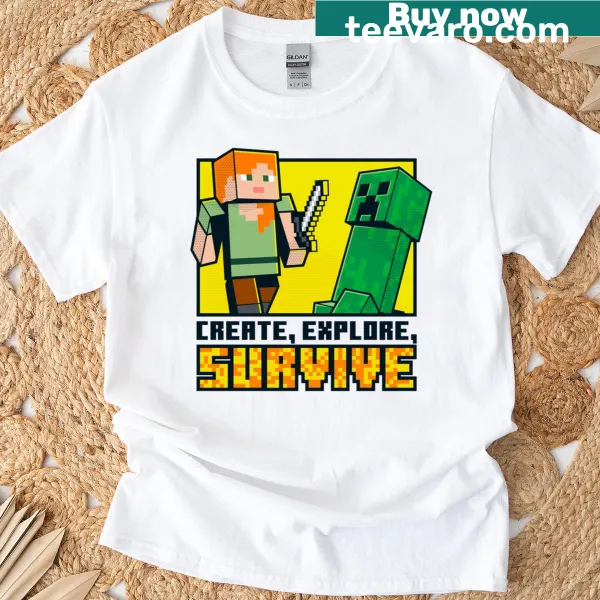 Graphic T-shirt featuring Minecraft Alex and Creeper with exploration theme