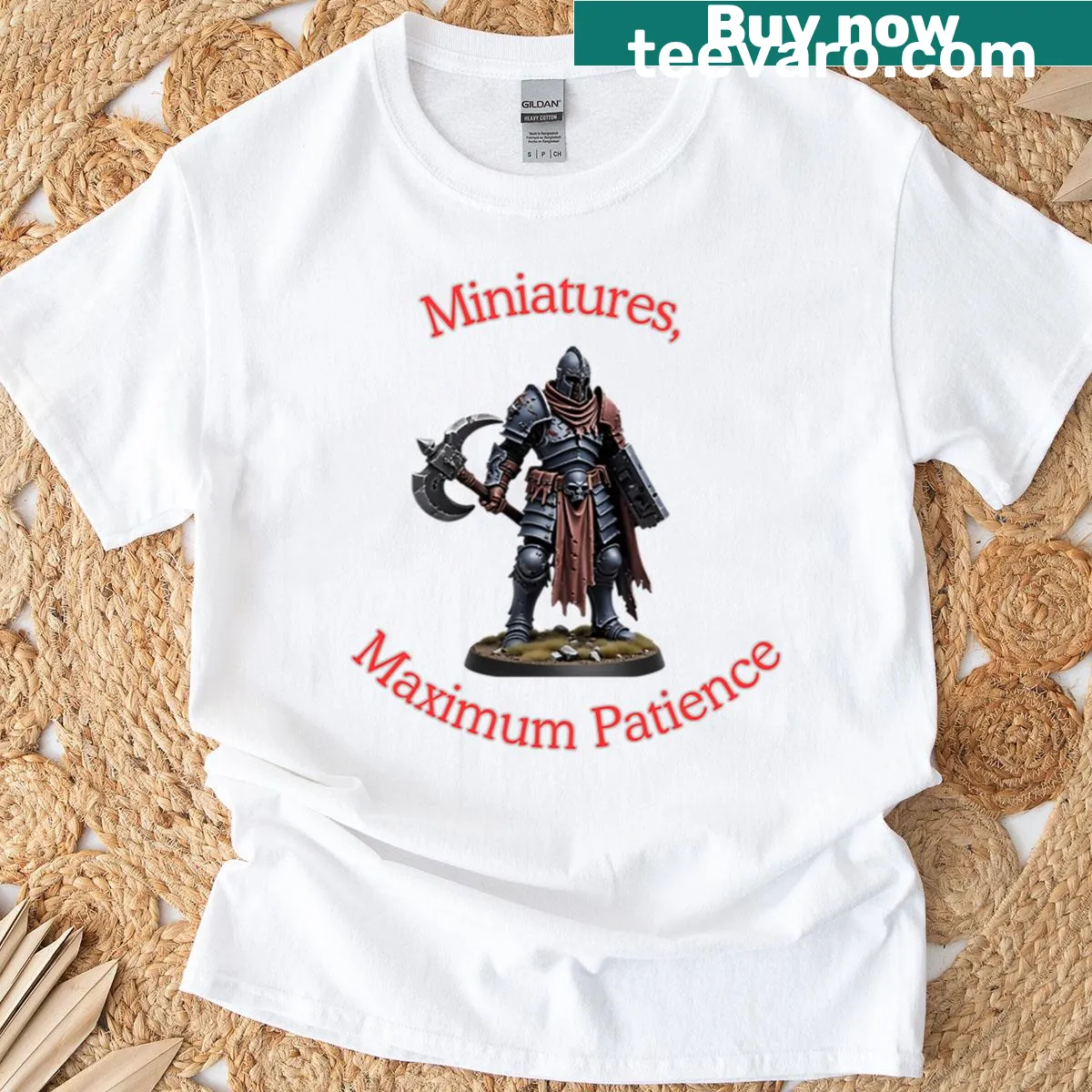 Whimsical graphic of miniatures with text 'Maximum Patience' — on a men's t-shirt
