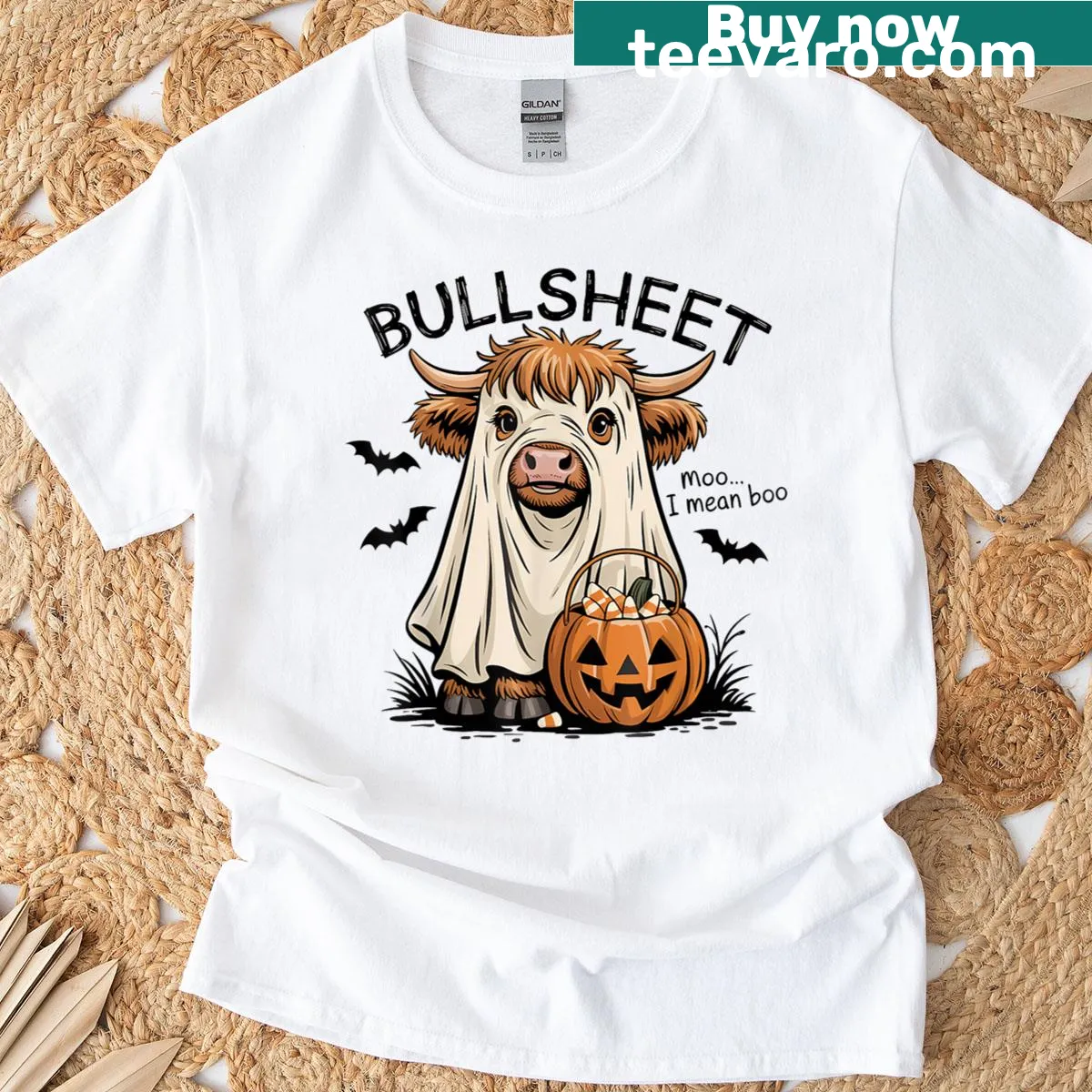 Funny Halloween T-shirt with cartoon cow and ghost humor — on a men's t-shirt