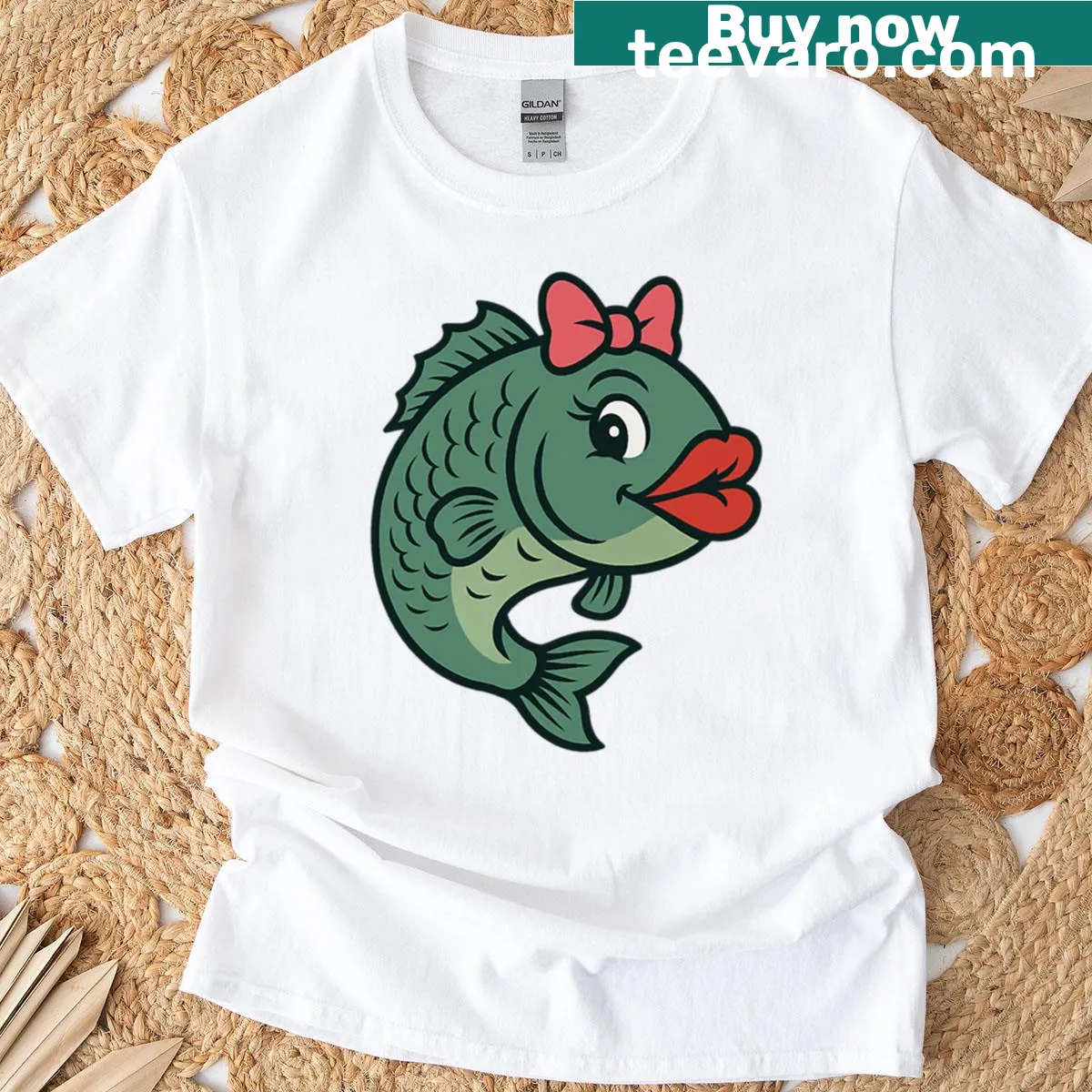 Illustration of a fish with big red lips and a pink bow on a T-shirt — on a men's t-shirt