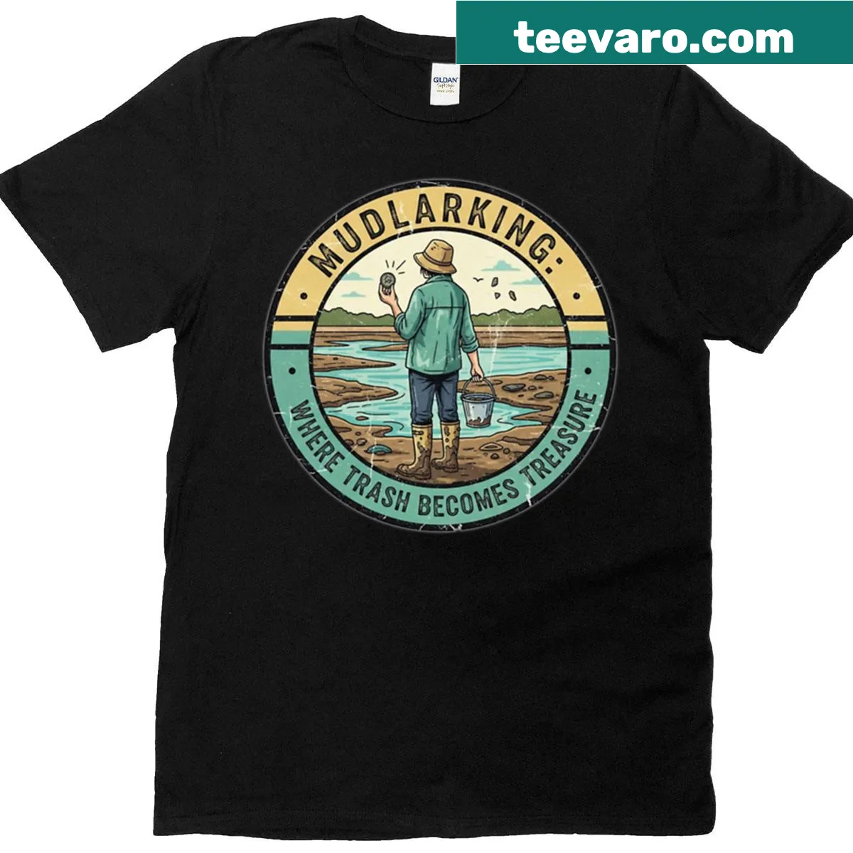 Mudlarking t-shirt with humorous illustration — on a men's t-shirt