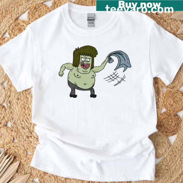 T-shirt featuring a muscle man from Regular Show in action.