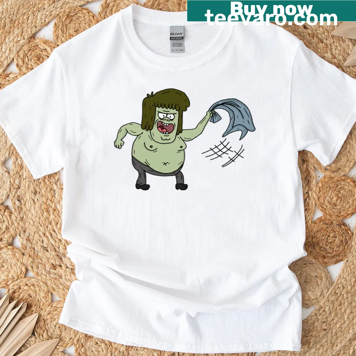 T-shirt featuring a muscle man from Regular Show in action. — on a men's t-shirt