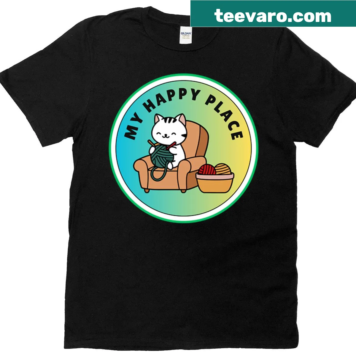 Cute T-shirt featuring a knitting kitty design with yarn and the phrase 'My Happy Place' — on a men's t-shirt