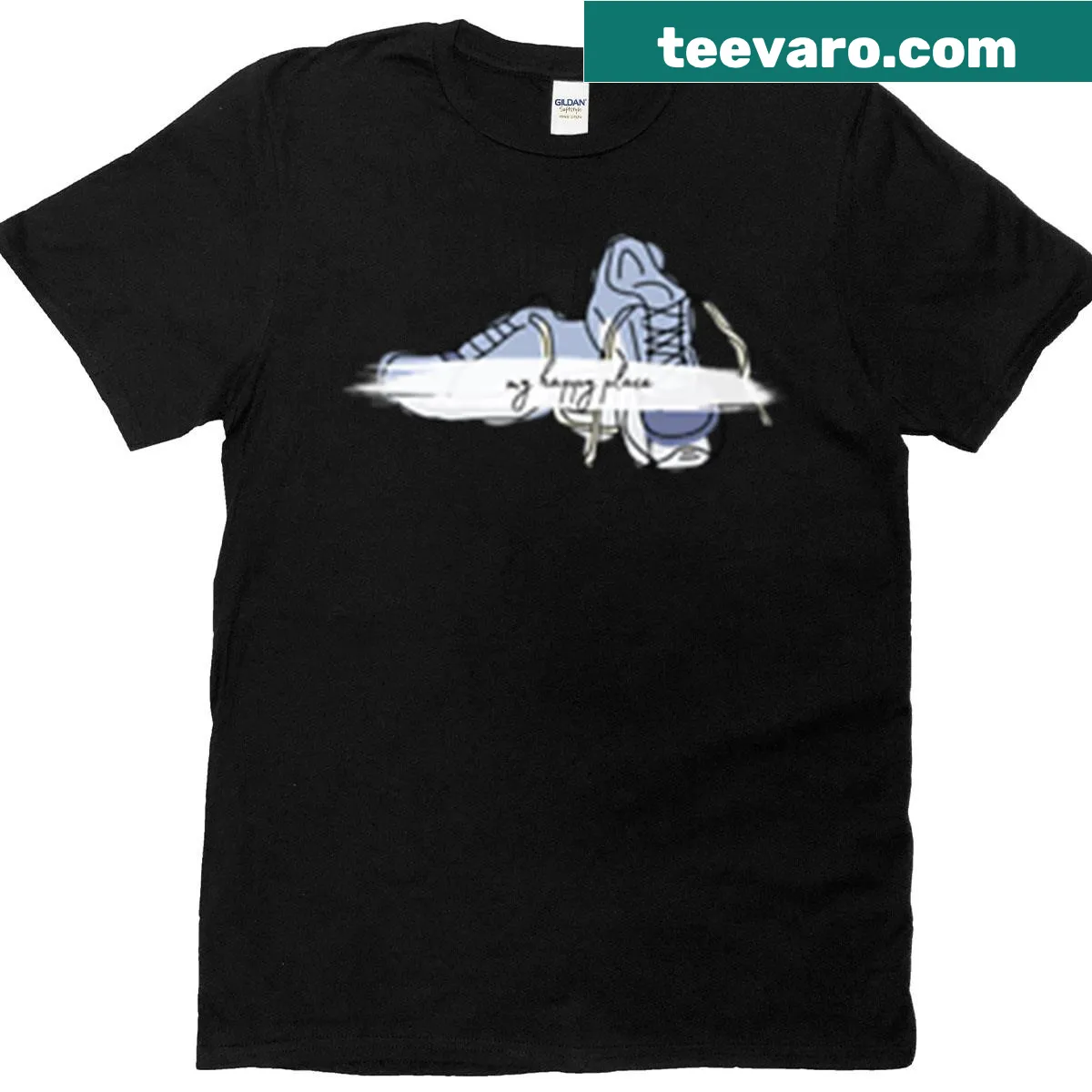 T-shirt with 'My Happy Place: Running Shoes' motivational text — on a men's t-shirt