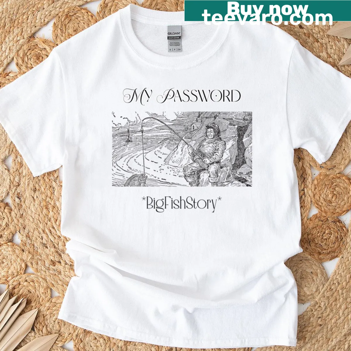 Humorous fisherman t-shirt with the phrase 'My Password Is Bigfishstory' — on a men's t-shirt