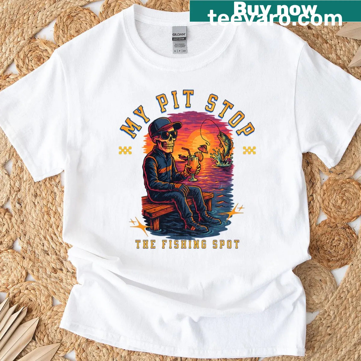 Funny fishing skeleton graphic for My Pit Stop Fishing Spot T-shirt — on a men's t-shirt