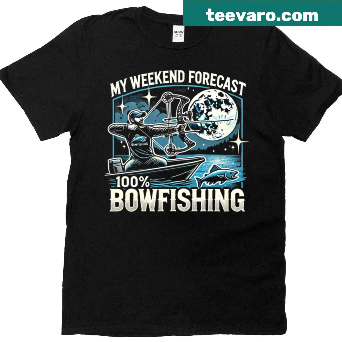 Funny bowfishing t-shirt with 'My Weekend Forecast: 100% Bowfishing' text — on a men's t-shirt