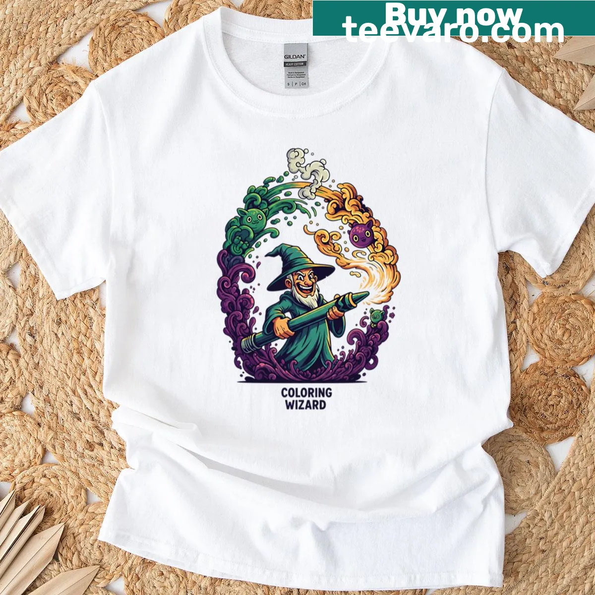 Coloring book wizard t-shirt featuring a cartoon wizard and a coloring book — on a men's t-shirt