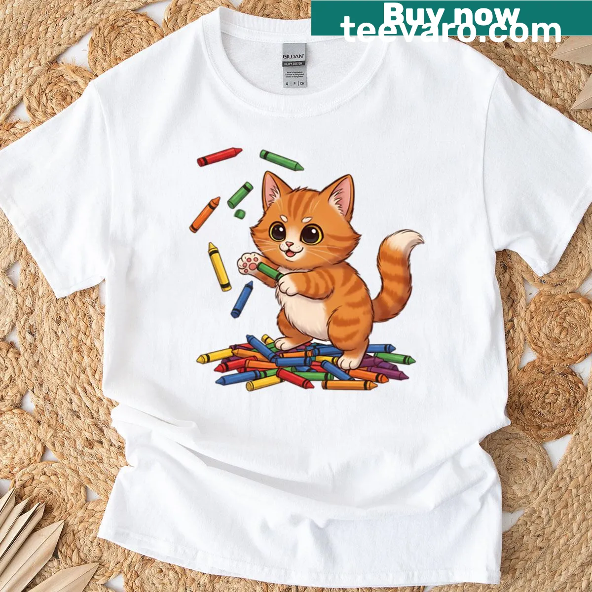 T-shirt featuring a creative cat with crayons for coloring day. — on a men's t-shirt