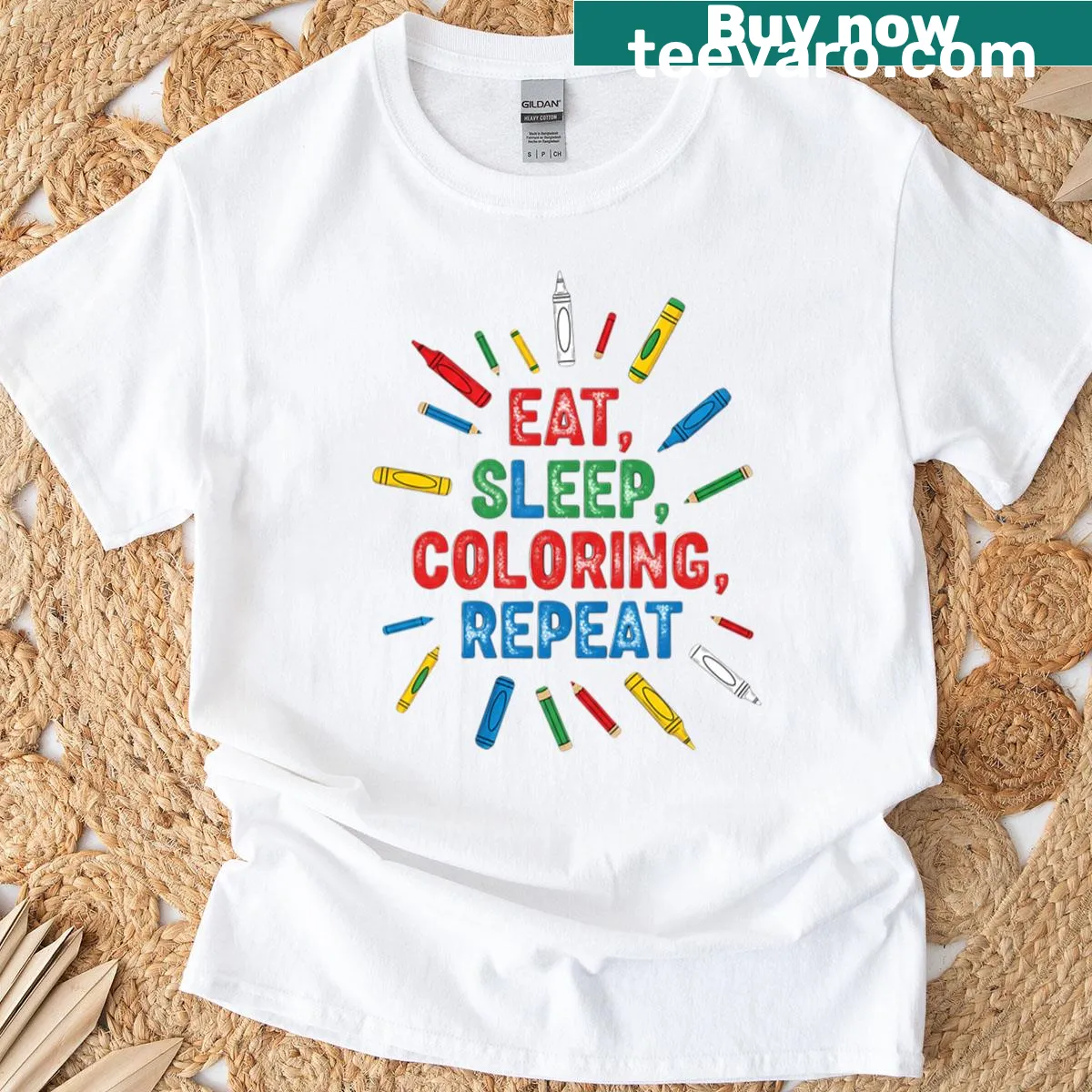 Graphic tee with 'Eat Sleep Color Repeat' for coloring enthusiasts — on a men's t-shirt