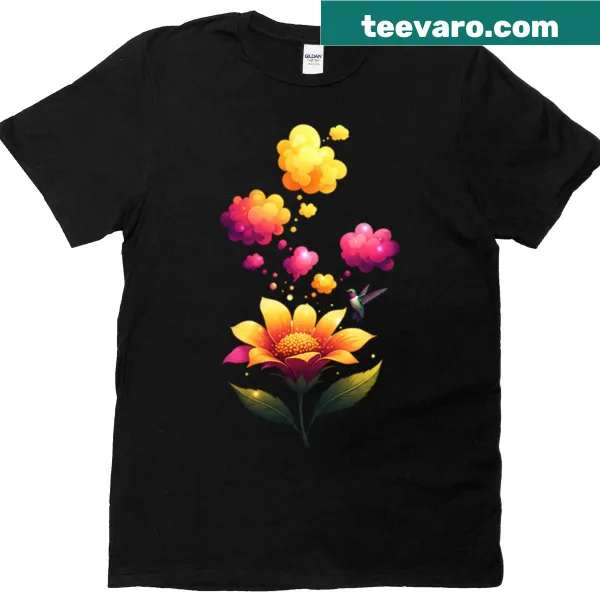 T-shirt featuring blooming flowers and happy thoughts graphic