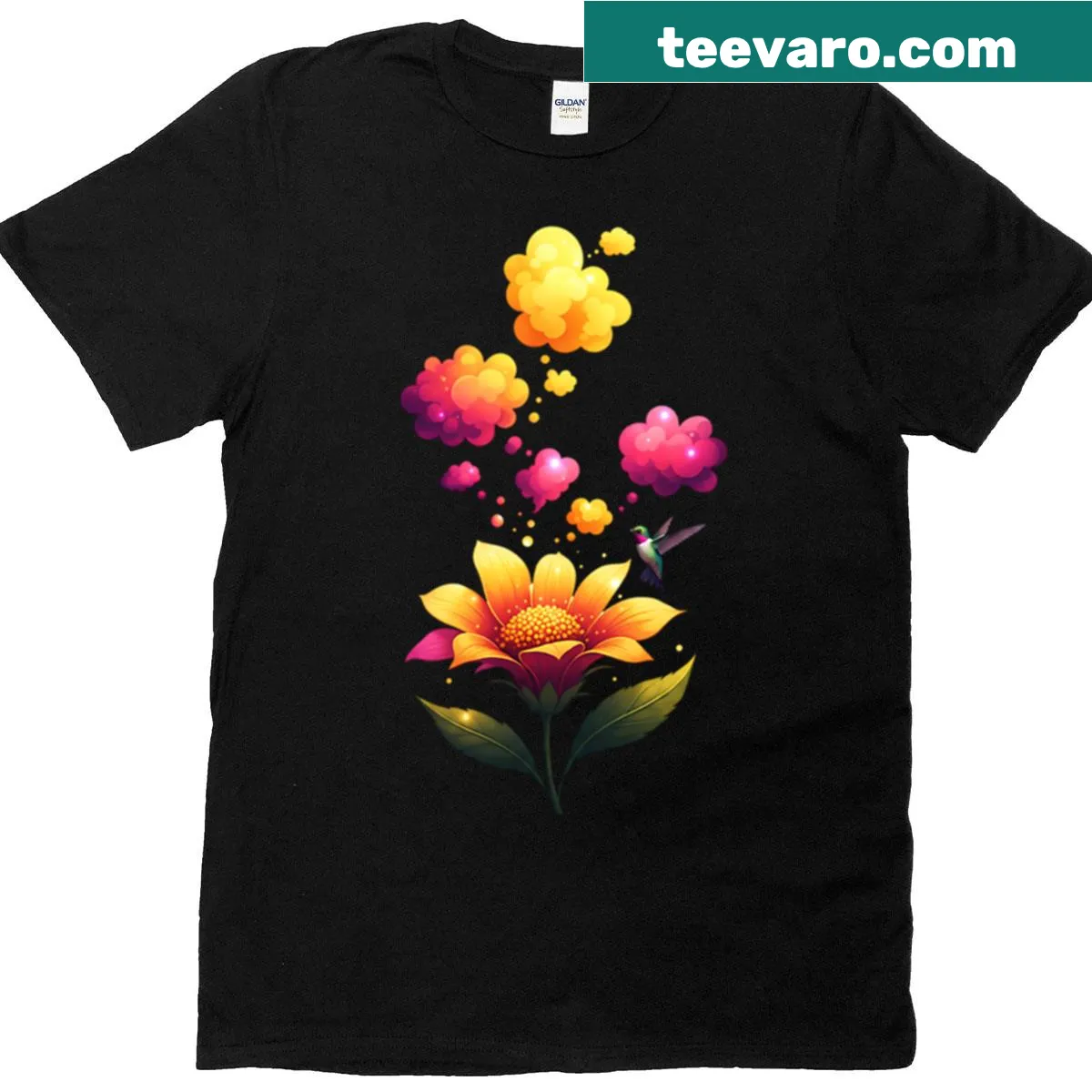 T-shirt featuring blooming flowers and happy thoughts graphic — on a men's t-shirt