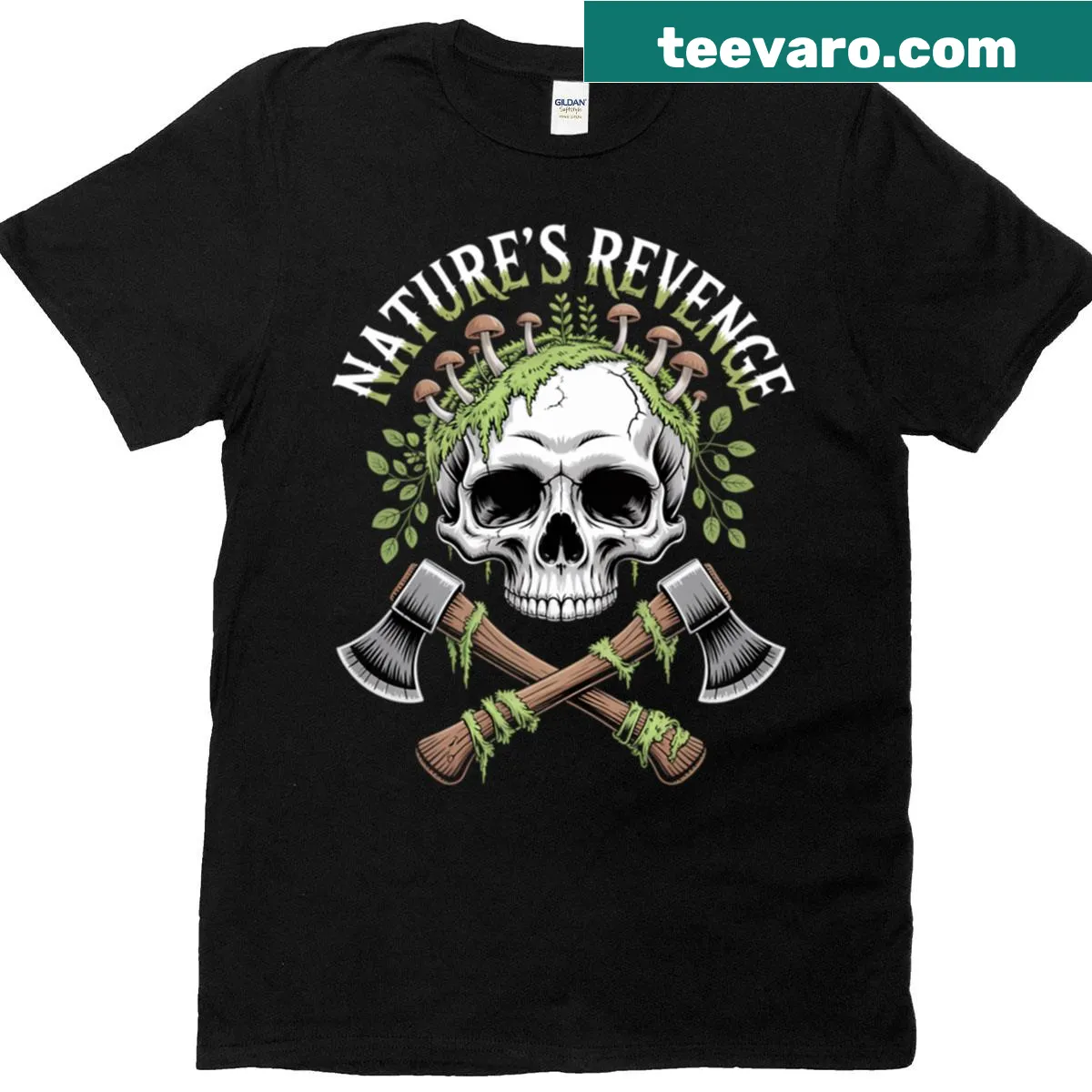 Skull surrounded by nature's elements in a detailed illustration — on a men's t-shirt