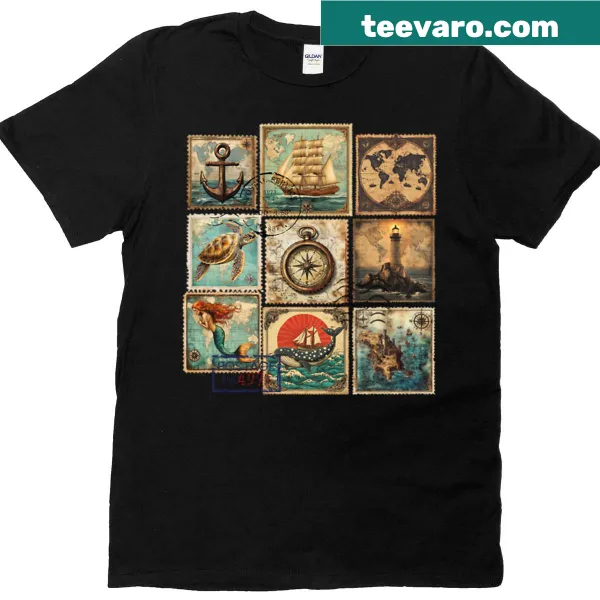 Vintage nautical stamps T-shirt showcasing a love for maritime themes.