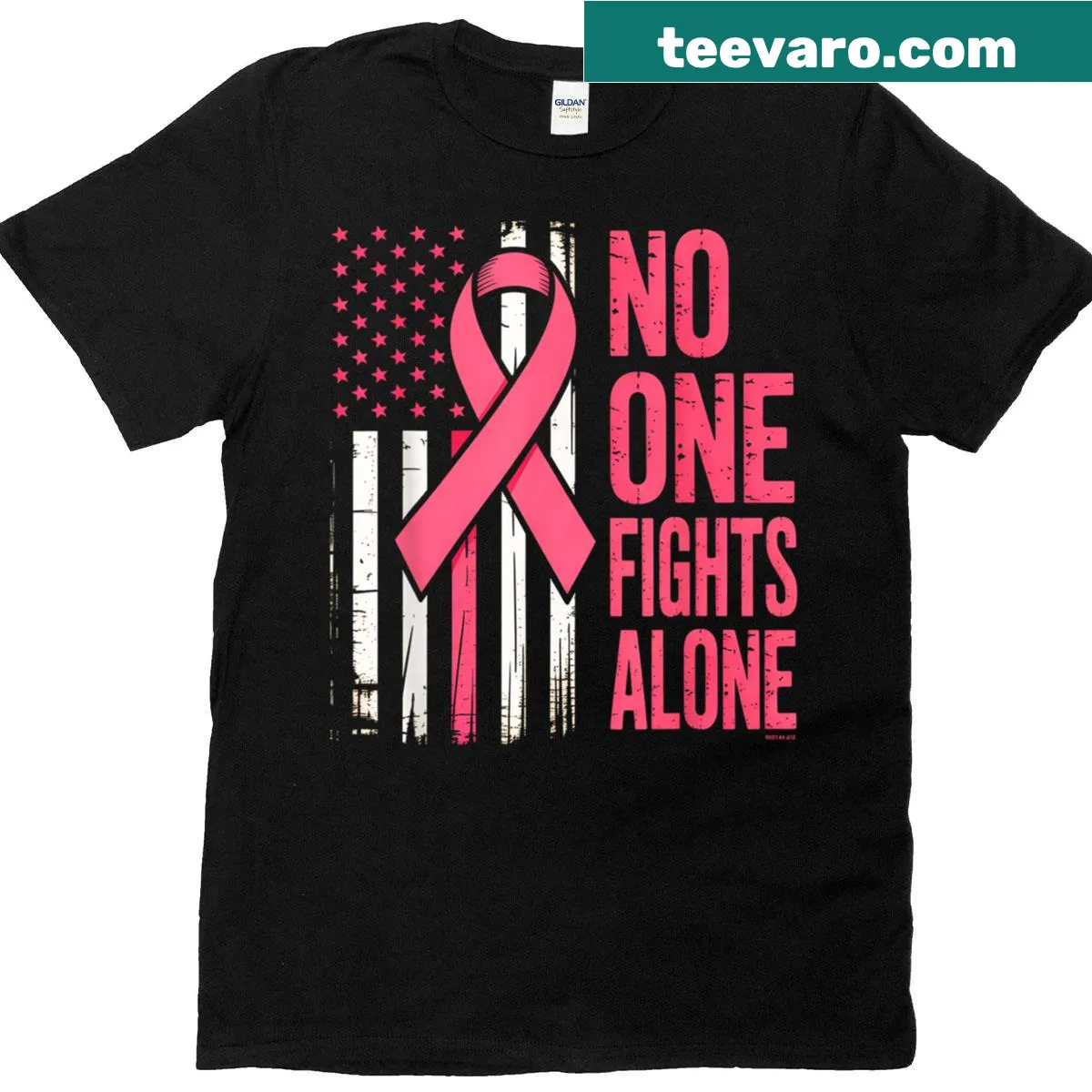 T-shirt with American flag and pink ribbon saying 'No One Fights Breast Cancer Alone' — on a men's t-shirt