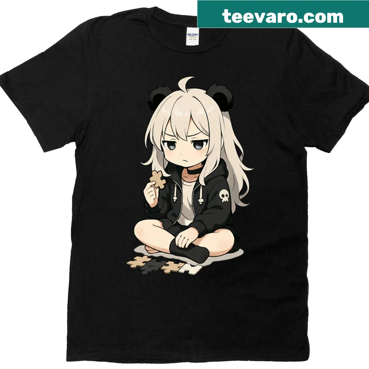 Chibi girl illustration focused on a jigsaw puzzle — on a men's t-shirt