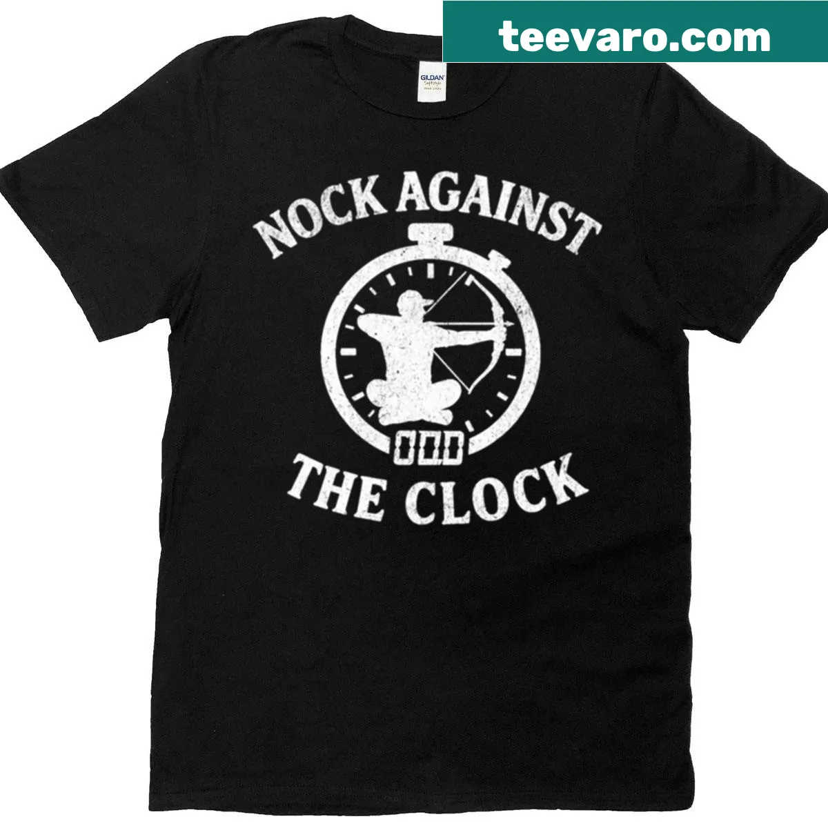 Typography t-shirt with 'Nock Against The Clock' for bow hunting — on a men's t-shirt