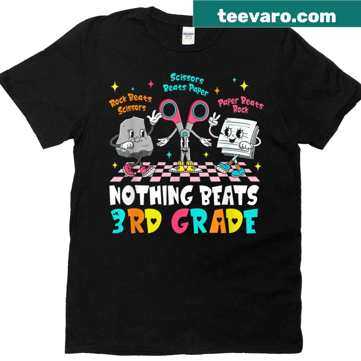 Back to school t-shirt featuring Rock Paper Scissors design and bold text — on a men's t-shirt