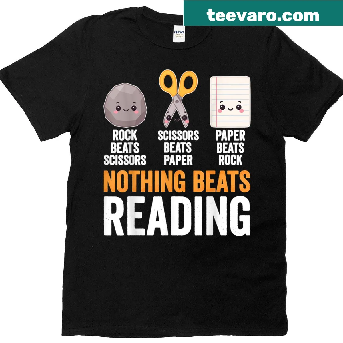 Playful T-shirt featuring a book and Rock Paper Scissors graphic. — on a men's t-shirt