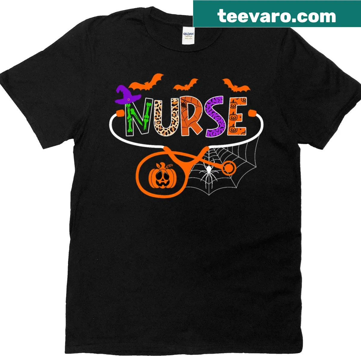Nurse Halloween T-shirt with stethoscope, pumpkin, and leopard design — on a men's t-shirt