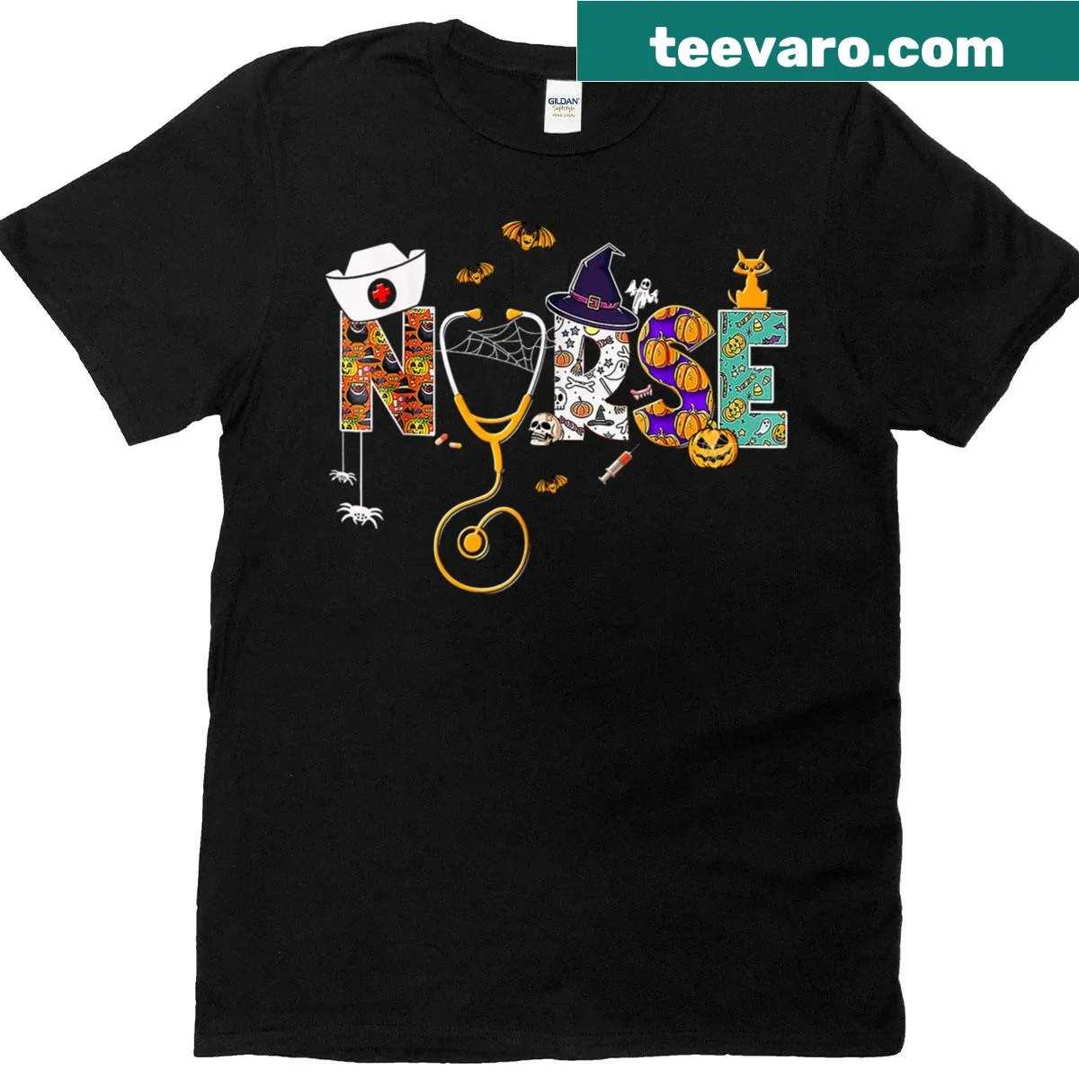 Funny Halloween T-shirt with stethoscope and pumpkin design — on a men's t-shirt