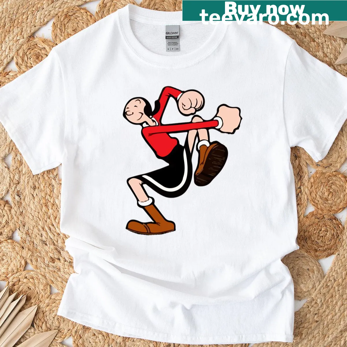 Retro Olive Oyl T-shirt featuring a nostalgic cartoon design. — on a men's t-shirt