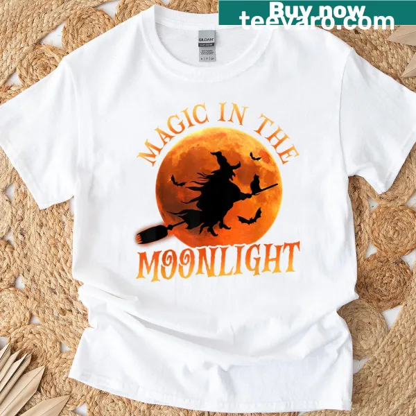 Whimsical witch riding a broom t-shirt with Halloween theme