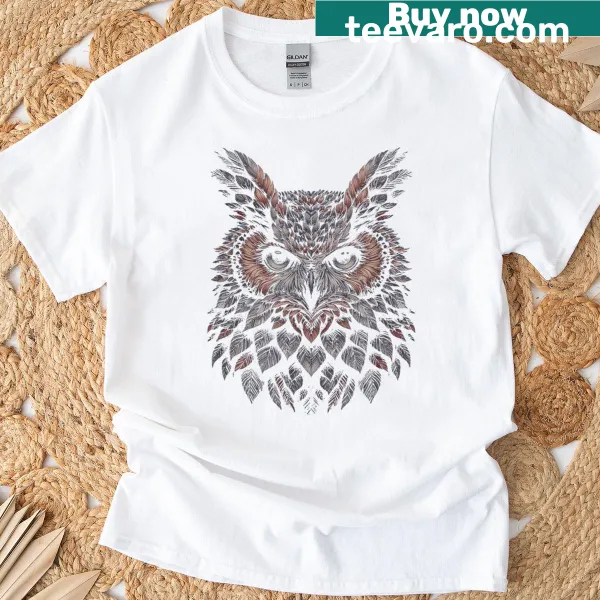 Illustrated owl drawing on a T-shirt, showcasing intricate line art