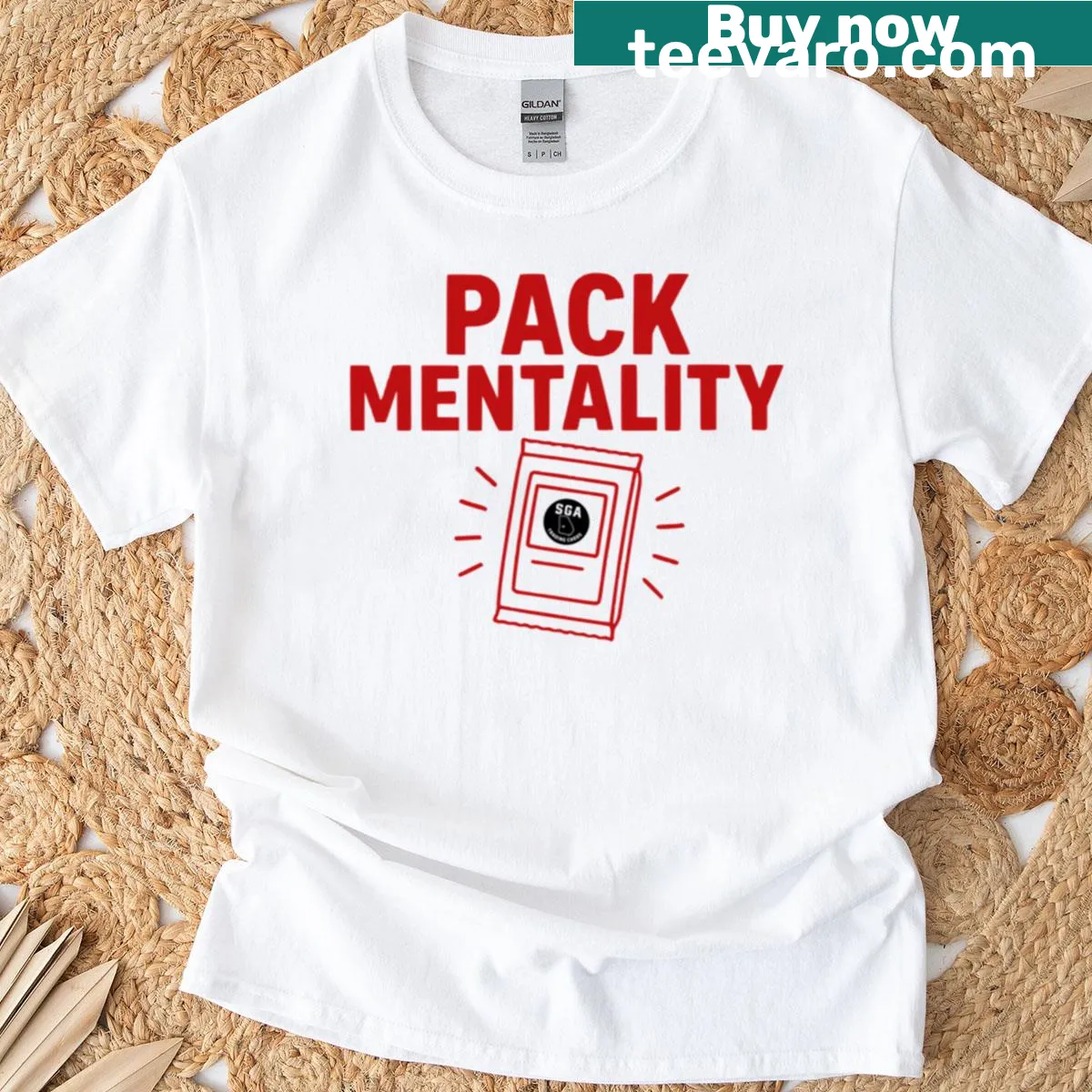 Sports card collector t-shirt featuring a badge design celebrating pack mentality — on a men's t-shirt