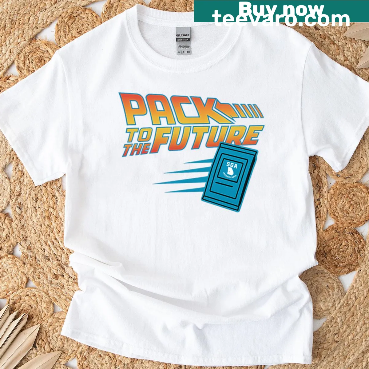Illustrative T-shirt featuring Pack To The Future trading card theme — on a men's t-shirt