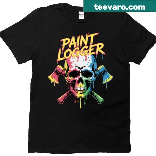 Skull graphic with paint splatter design on a T-shirt.