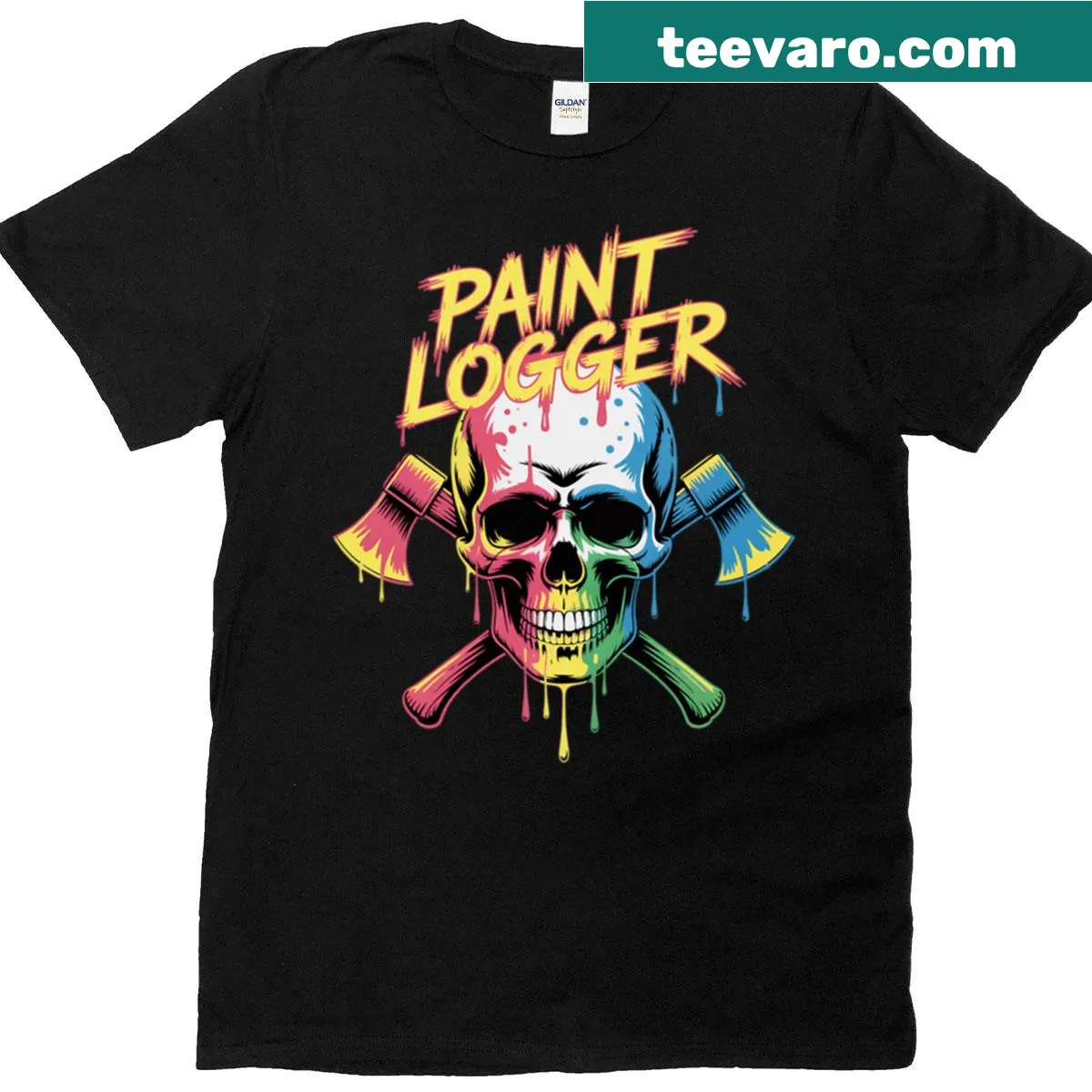 Skull graphic with paint splatter design on a T-shirt. — on a men's t-shirt