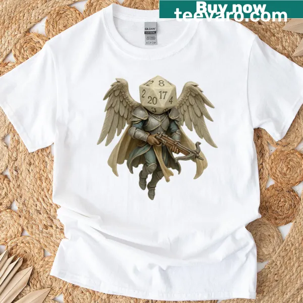Paladin Elf D20 T-shirt with an elf character and twenty-sided die illustration