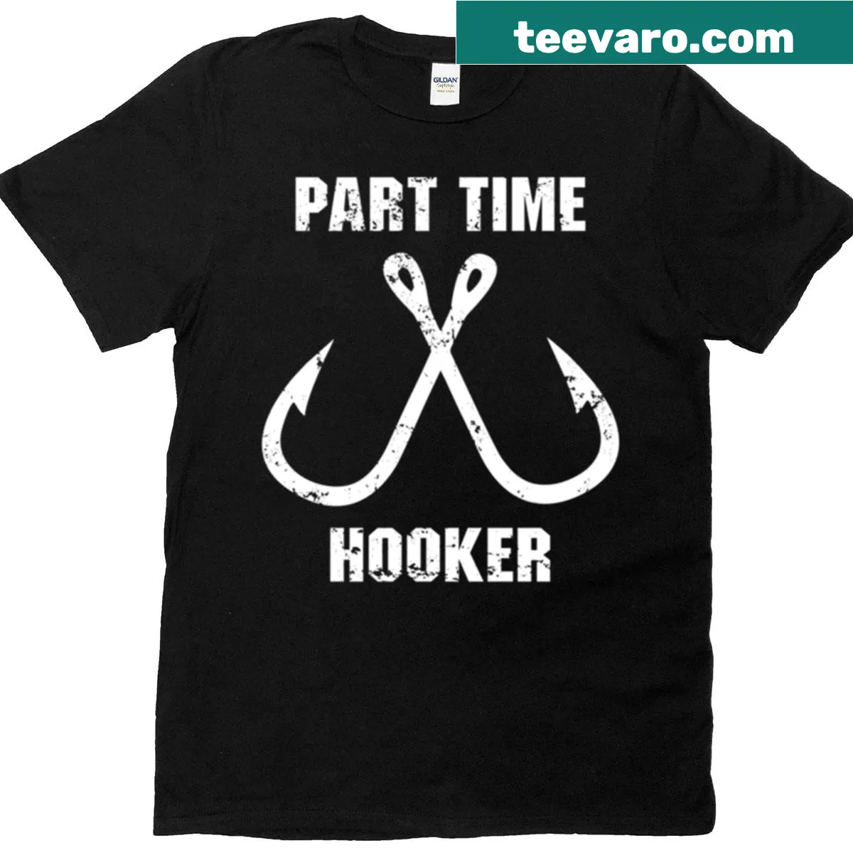 Funny text 'Part Time Hooker' on a fishing-themed tee — on a men's t-shirt