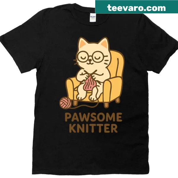 Cute cat knitting illustration on a T-shirt
